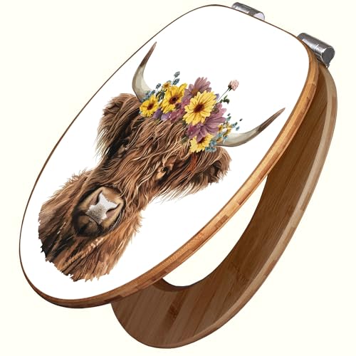 banjado Design WC Sitz Bambus Absenkautomatik 45,8x37,5cm - Toilettendeckel mit Absenkautomatik Holz - hochwertiger Bambus Klodeckel - WC-Sitz für gängigen Toiletten - Motiv Hochlandkuh mit Blumenkron