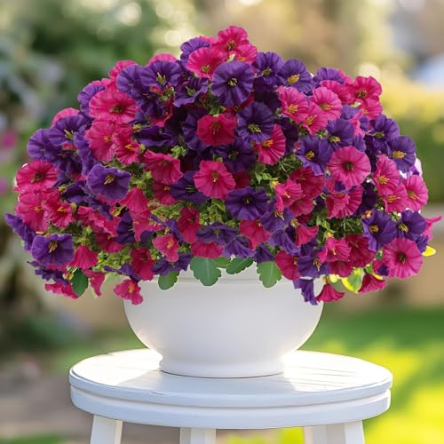 12 Bundles Artificial Flowers for Outdoors Decoration, Fake Silk Morning Glory Flowers Faux Eucalyptus Plants UV Resistant for Patio Garden Home Decor (Hot Pink+Purple) image 8