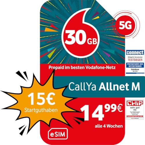 Vodafone Prepaid CallYa M eSIM | 30 GB | 15 EUR Startguthaben | 5 GB gratis im Roaming-Special | ohne Vertrag | 5G-Netz | Telefon- SMS-Flat | EU-Roaming Vodafone Prepaid CallYa M eSIM | 30 GB | 15 EUR Startguthaben | 5 GB gratis im Roaming-Special | ohne Vertrag | 5G-Netz | Telefon- SMS-Flat | EU-Roaming