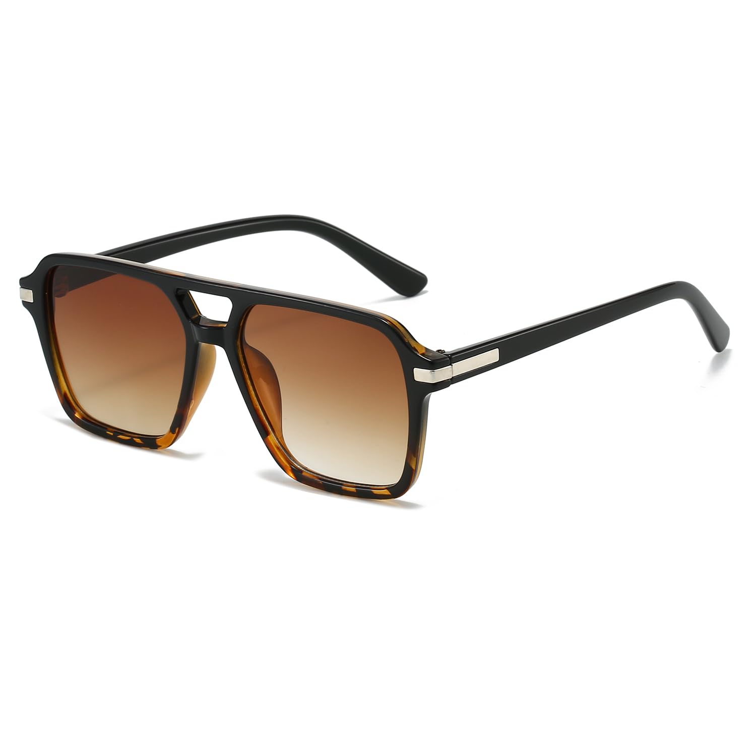 GIFIORE Square Aviator Sunglasses for Men Women Fashion Vintage Double Bridge Black Tortoise Pilot Sun Glasses 70s Trendy