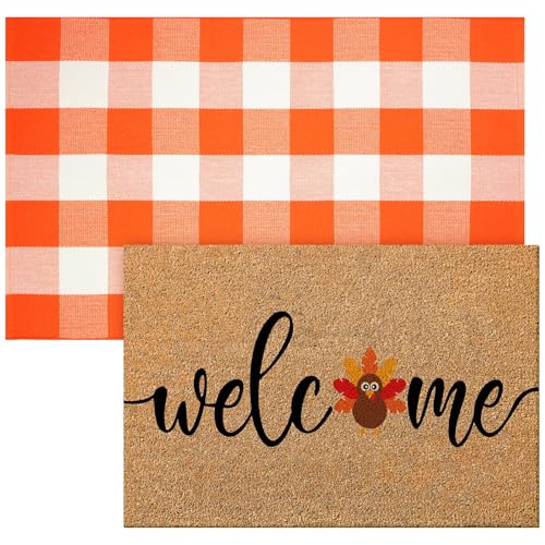 Duraaamo 2 Pcs Thanksgiving Nature Coir Doormat Outdoor Turkey Welcome Outdoor Rug Thanksgiving Non Slip Floor Door Mat Fall Indoor Entrance Mat Autumn Porch Front Decor