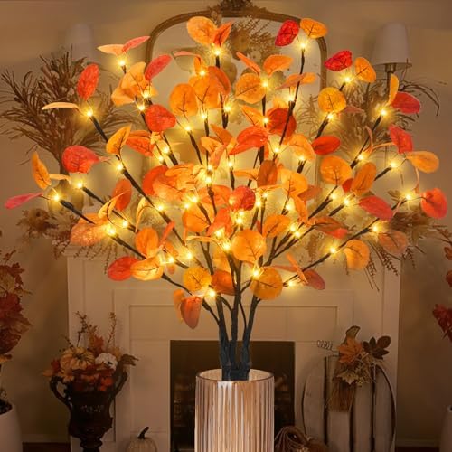 3Pcs Lighted Eucalyptus Leaves Branches, 30” Timer Fall Eucalyptu...