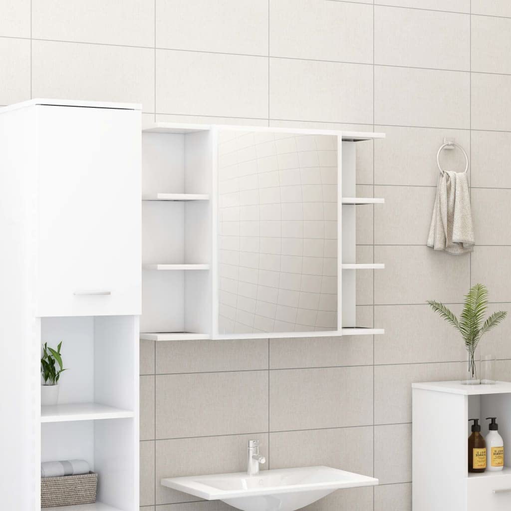 3-częściowy zestaw mebli łazienkowych, biały materiał drewnopochodny z wysoką szafką, szafka pod umywalkę i szafka z lustrem, oszczędność miejsca, stojące i wiszące, miejsce do przechowywania
