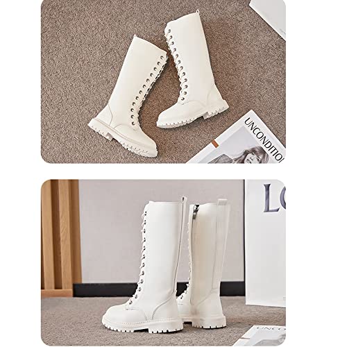 Kid's Girls Leather Lace-Up Zipper Mid Calf Combat Riding Boots Girls Fashion Waterproof Winter Boots Dress Princess Shoes3