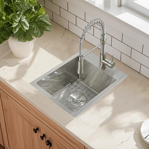 Image of 15 Drop In Bar Sink, 16 Guage Stainless Steel 13x15x9 Wet Bar Prep RV Outdoor Small Kitchen Sink Topmount Single Bowl with Drain