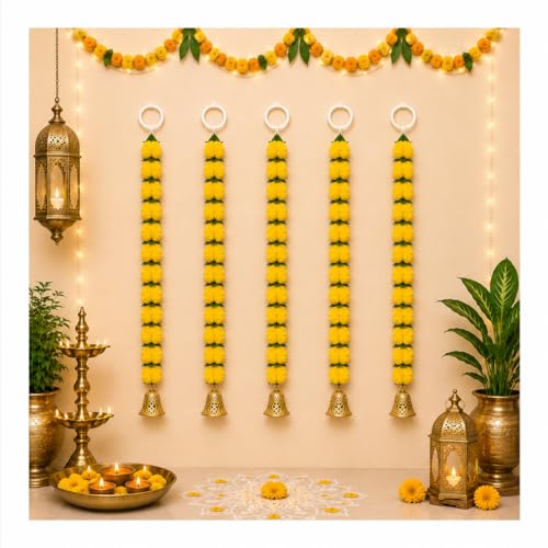 Image of Bindian Artificial Marigold Flower Toran 2.5 Ft Yellow with Leaf & Bells | Decorative Bandanwar for Diwali, Pooja, Wedding, Festival, Home Entrance & Wall Decoration (Pack of 5)