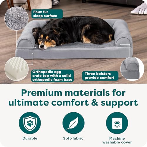 Image of Furhaven Orthopedic Dog Bed for Large /Medium Dogs w / Removable Bolsters & Washable Cover, For Dogs Up to 55 lbs - Plush & Suede Sofa - Gray, Large