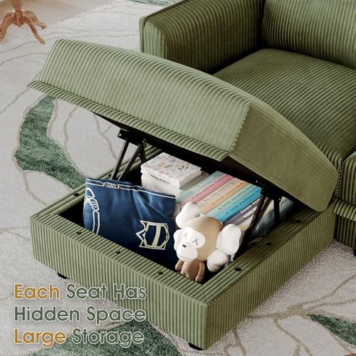 Image of LLappuil Modular Sectional Sleeper Sofa with Storage, U Shaped 6-Seat Corduroy Couch with 5 Throw Pillows, Convertible Sofa Set for Living Room & Small Space, Skin-Friendly & Soft, Green