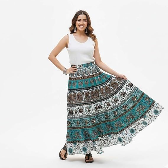 Image of HARSHITA-Enterprises Jaipuri Women's Cotton Printed Elastic Long Skirts