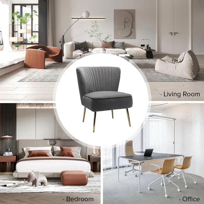 Image of Modern Upholstered Accent Velvet Chair Single Seater Channel Tufted Wing Back Chair with Golden Matel Legs for Living Room, Bedroom, Dining Room, Grey