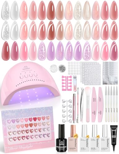 Image of Beetles 80 Pcs Gel Nail Kit with U V Light -20 Color Jelly Gel Nail Polish | Milky Nude Red Purple Glitter Sheer Daylight Nails Kit with Cat Eye Top Coat Rubber Base DIY Salon Gifts for Women Girls