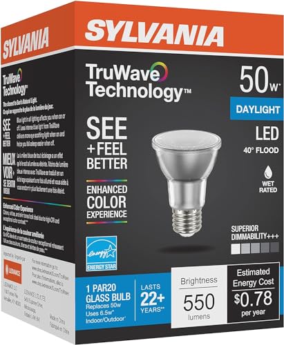 Sylvania LED TruWave Natural Series PAR20 Light Bulb 50W Equivalent Efficient 6W Medium Base Dimmable 5000K Daylight - 1 Pack (40921)