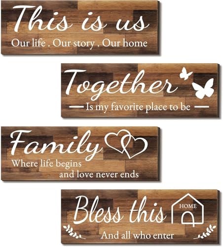 Image of DAKSHESTRY ARTWORKS 4 Pieces Home Wall Signs, THIS IS US /TOGETHER /BLESS THIS HOME /FAMILY Wall Decor For Living Room Bedroom, Rustic Wooden Farmhouse Wall Art,5 x 12 Inch(Brown)