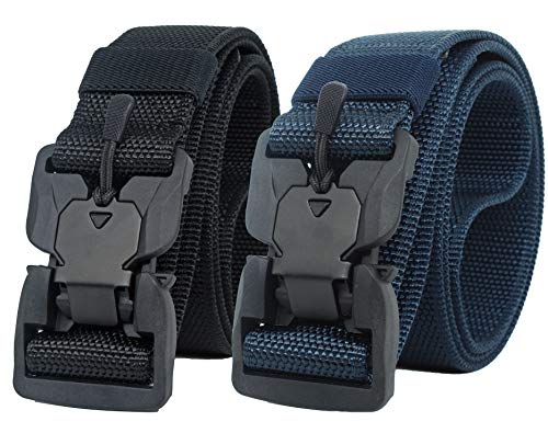 Longwu Hebilla súper magnética Lona de nylon de liberación rápida Cinturón táctico militar transpirable para hombres y mujeres con hebilla de plástico Negro+Azul oscuro
