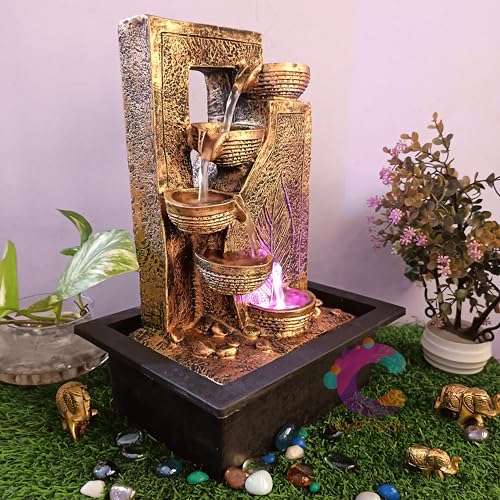 Image of Decorative Water Fountain for Home Decor, Office, Indoor & Outdoor, Garden, Puja Room, Vaastu, Reception, Spa, Gifting. (Golden Leaf Diya)