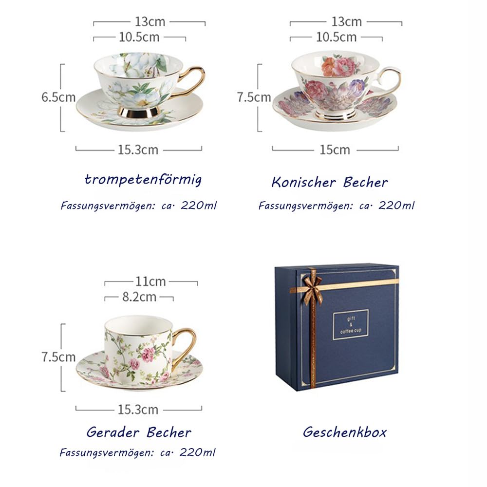 Juego de té de flores europeas de 12 piezas, juego de té de porcelana de hueso, juego de café, 9 opciones.Con caja de regalo. (estampado floral multicolor)