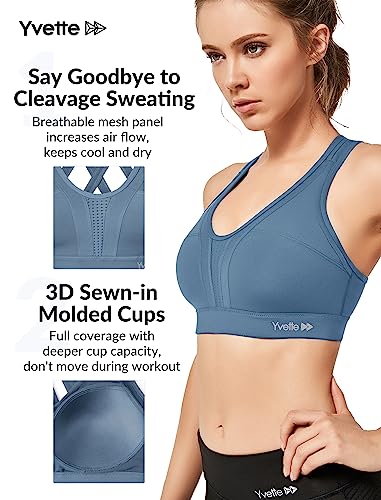 Image of Yvette Women High Impact Sports Bras Criss Cross Back Sexy Running Bra for Plus Size, Lake Blue, M(DF)