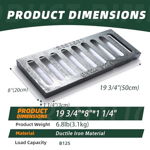 Image of Cast Iron Drain Grate, 8 * 20 in Outdoor Drain Cover, Heavy Duty B125 Class Channel Grate, Black Square Drainage Grate, Metal Sewer Grate for Concrete Floor, Yard, Driveway & Garage.