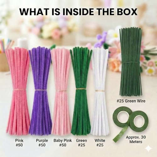 Image of Asian Hobby Crafts 200+ Pcs Pipe Cleaners for Craft Flower Making Set - Fuzzy Chenille Stems & Fluffy Sticks With Floral Tape & Wire for Kids Arts & Craft, School Supplies, Home & Party Decor