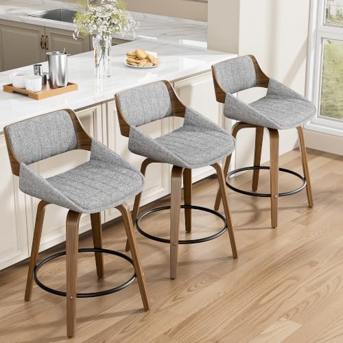 Image of YaFiti Bar Stools Set of 8, 26 inch Swivel Counter Height Barstools with Bentwood Back and Legs, Mid Century Modern Upholstered Fabric Counter Stools for Kitchen Island, Dining Room, Gray