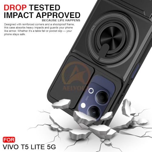 Image of Vivo T5 Lite 44W 5G Back Cover | Armor Camera Slider 360 Degree Rotating Finger Ring Holder Case with Bracket Stand Back Case Cover (Compatible with MagSafe Accessories) (Black)