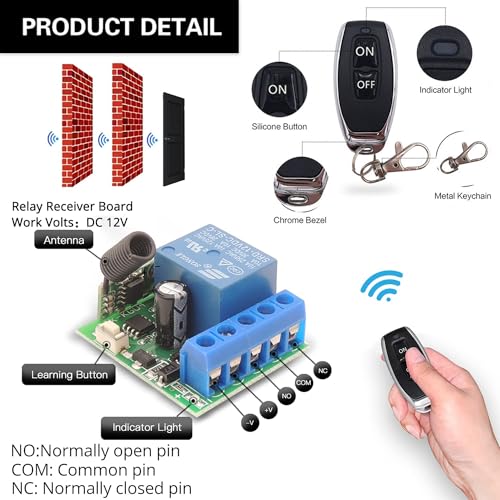 Image of ROBOWAY 433Mhz Universal Wireless Remote Control with Fan /Water Motor /Door Lock-Unlock.. DC 12V 1CH RF Relay Receiver Module with Transmitters (1 Remote and 1 Receiver)