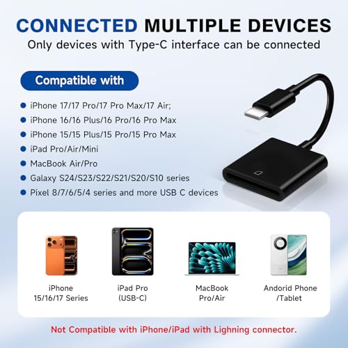 Image of USBC to SD Card Reader for iPhone 17, Camera Adapter to iPhone 17, Digital Camera Adapter iPhone 17 /16 /15 /iPad /MacBook /iMac /Galaxy /Android (Black)