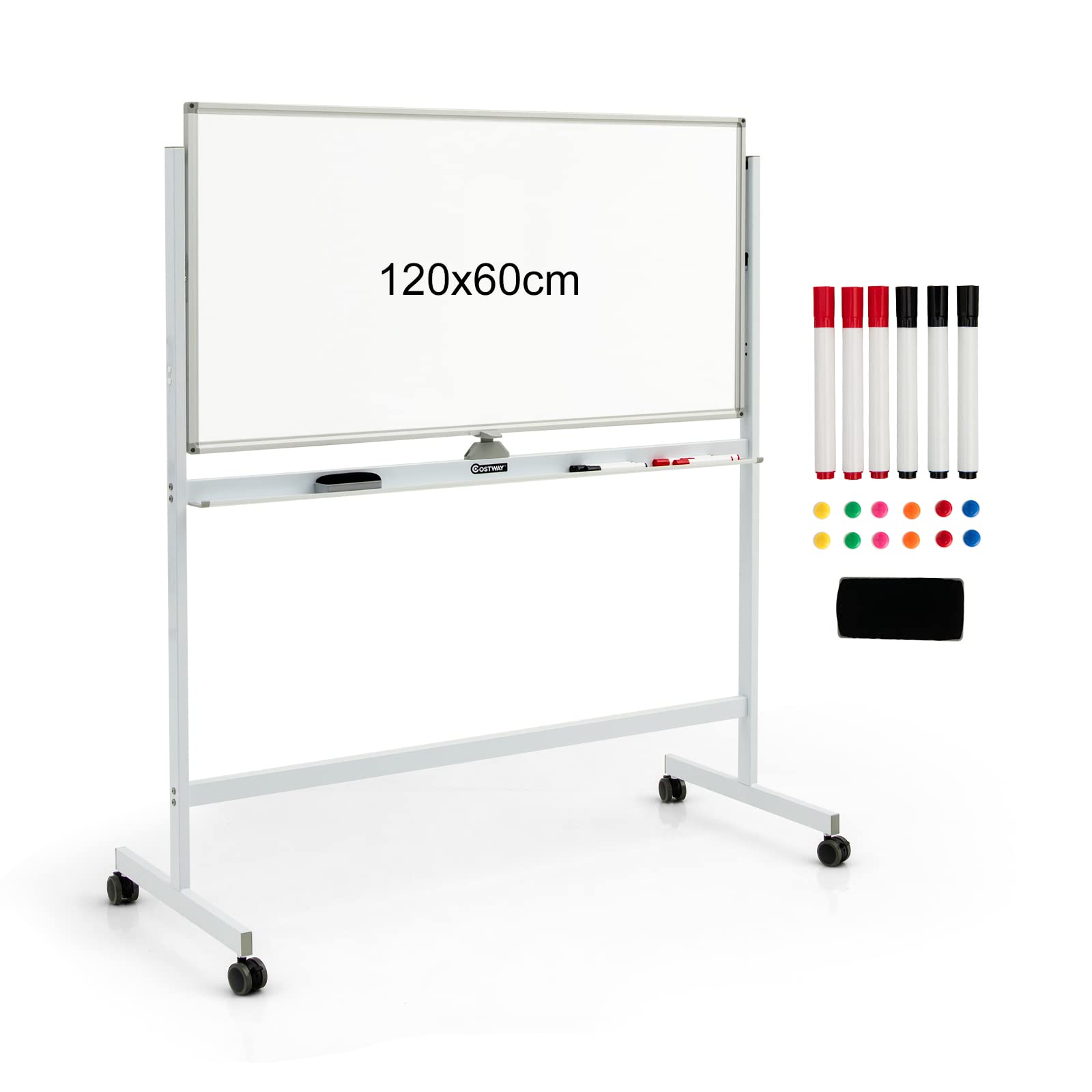 GYMAX Lavagna Magnetica Bifacciale con Ruote, Lavagna in Stile Cavalletto Regolabile in Altezza, Lavagna Magnetica a Rotolamento Reversibile per Ufficio, Aula, Casa, 120 x 60 cm (Bianco)