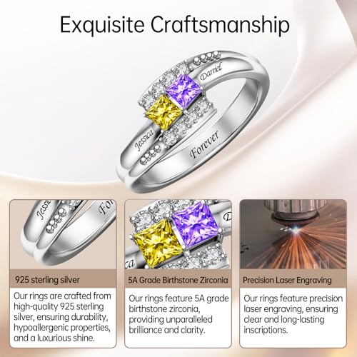 925 Sterling Silver Personalized Name Ring with 2 Heart Birthstones Custom Name Gift Promise Ring Gift for Women for Anniversary Mother's Day Gift for Mom Ring with names for Her Birthday Christmas4