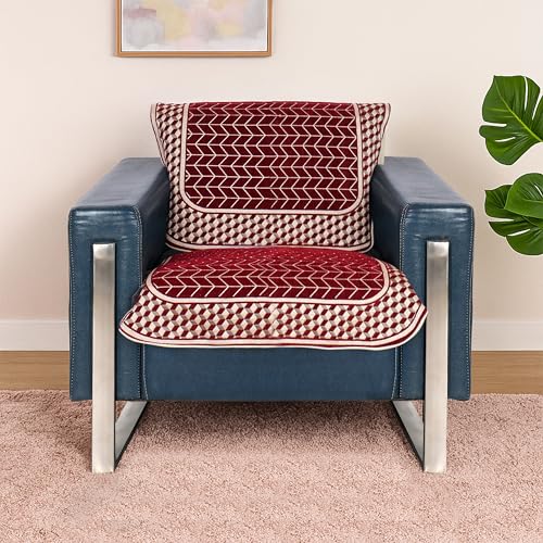 Image of Premium Chenille Woven Anti-Slip 1 Seater Sofa Cover | L-Shape Sofa Seat Protector for Living Room | Durable & Stylish Slipcover - Maroon - 3D