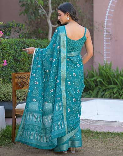 Image of SIRIL Women's Printed Cotton Saree with Unstitched Blouse Piece