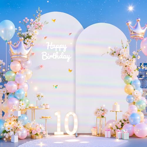 Image of Rainbow White Arch Covers 7.2 and 6ft Sequin Sparkly Birthday Party Arch Backdrop Covers Set of 2 Spandex Shimmer Balloon Arch Stand Cover for Wedding Bridal Shower Baby Shower Photo Arches Background