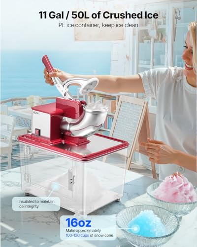 Image of VEVOR Commercial Ice Crusher 661LBS /H, 350W Electric Snow Cone Machine with 4 Blades, 2000RPM Stainless Steel Shaved Ice Machine with 11 Gal Crushed-Ice Box, for Family Restaurants Bars, Red