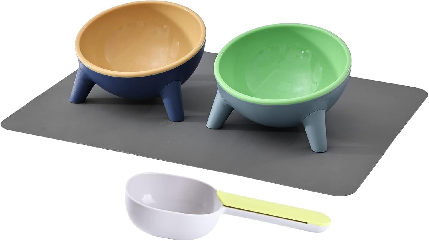 KitchenRaku Raised Double Cat Bowl Set with Cat Bowl Mat and Spoon