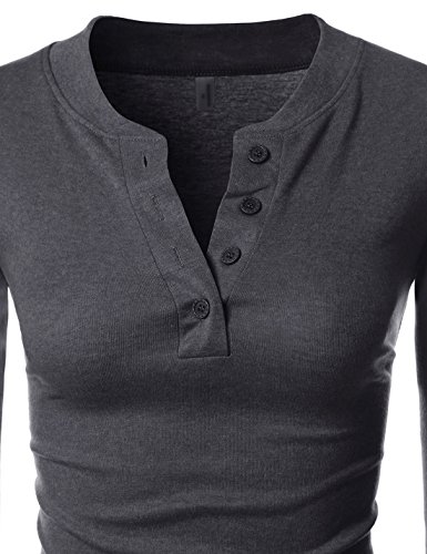 NEARKIN (NKNKWBT68 Beloved Womens Slim Cut Raw Edge Long Sleeve Henley Tshirts Charcoal US L(Tag Size XL)