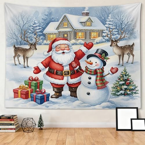 JOTOM Christmas Tapestry 150x130cm Winter Wall Hanging Deer Snowman Santa Claus Blanket Xmas Holiday Tapestries Home Christmas Decorations for Living Room Bedroom Dorm Party Decor