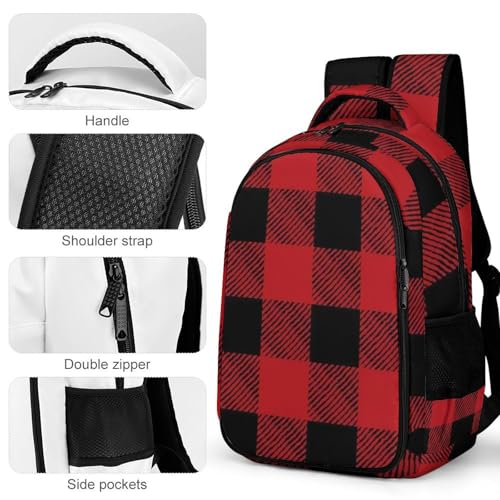 Men's Commuter Bag Large Travel Bag Portable Work Backpack With Double Zippers Red Black Buffalo Check Plaid Pattern4