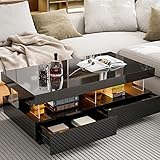 IKIFLY Modern High Glossy Coffee Table, Black Coffee Table with 2 Storage Drawers and Acrylic Design Open Space, Rectangle Coffee Table with 16 Colors LED Lights for Living Room