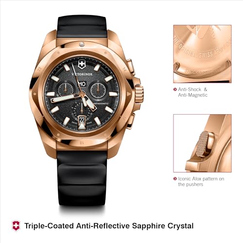 Image of Victorinox I.N.O.X. Chrono, Swiss Made Chronograph Men's Watch, 43 mm Black Dial, 200M Water Resistance, Rose Gold PVD Stainless Steel Case and Bezel (Black Rubber Strap - 249177)