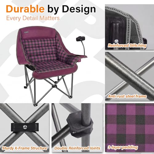Oversized Camping Chairs for Adults - Heavy-Duty Extra-Large Folding Chair, Comfortable Padded Camp Chair for Outdoor Sports, Garden, Beach, Fishing - Wide & Thick, Purple Checkered - Image 4