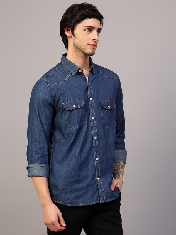 Image of Men's Denim Shirt with Regular Fit Solid Pattern Long Sleeve Collared Neck and Button Down Closure|Men Denim Shirt