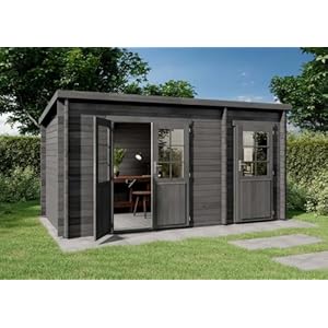 Alpholz Lessenaarsdak tuinhuis Maria met aanbouw tuinhuis van hout in grijs, houten huis, blokhut met montagemateriaal