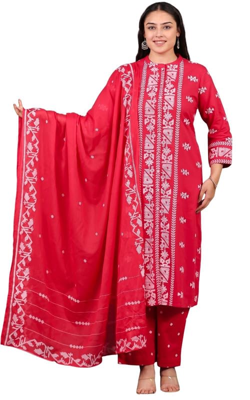 Soft Cotton Red High Low Geometric Print Festival Wear Kurta Set with Dupatta for Women | Available in Plus Sizes, M to 10XL-image-43