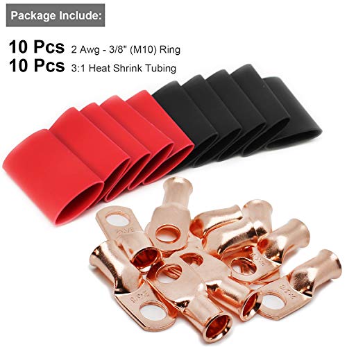 Image of TKDMR 2 AWG-3 /8 inch Battery Lugs - Copper Wire UL Listed Heavy Duty Cable Ends, Tubular Ring Terminals, Crimp Connectors With 3:1 Heat Shrink Tubing