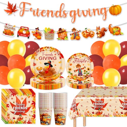 Friendsgiving Party Supplies Friendsgiving Plates and Napkins Set Friendsgiving Disposable Plates Napkins Cups Tablecloth Banner Balloons for Thanksgiving Party Decorations Thanksgiving Party Supplies