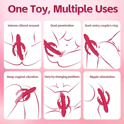 Image of Rabbit G Spot Dildo Vibrator Adult Sex Toys for Women, 3 in 1 Vaginal Anal Beads Clitoris Double 10 Vibration Modes Silicone Nipple Stimulator Massager for Female Couple Play & Games (Rose Red)