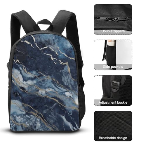 3 Piece Backpack for Women Men Lightweight Causal Daypack Shoulder Bag Set with Insulated Lunch Bag And Pencil Case Organizers Marble Navy Blue Mixed3