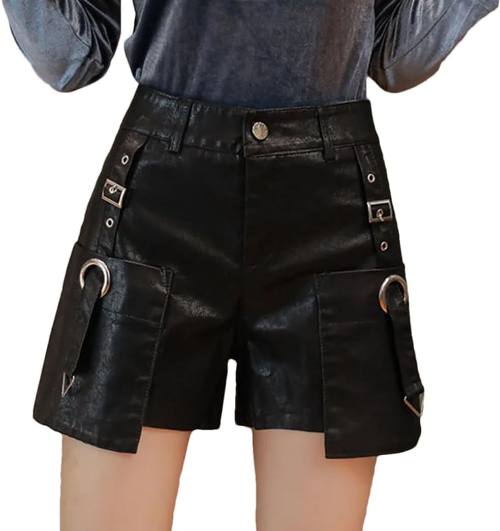 Women's Punk Gothic PU Leather Shorts High Waist Slim Ribbon Patchwork Streetwear Pants