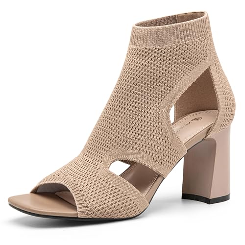 NEWBELLA Women's Peep Toe Booties Sandals - 3 inch Chunky Block Heel Prom Party Shoes for Summer & Evening Events, Apricot 8