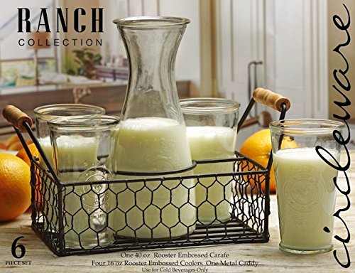 Circleware Ranch Rooster 8-Piece Glassware Entertaining Set, Tumbler Drinking Glasses, BeveragePitcher Carafe and Metal Caddy Holder, 6-16 oz Cups, 1-32 oz Milk Water Bottle, Farmhouse Decor
